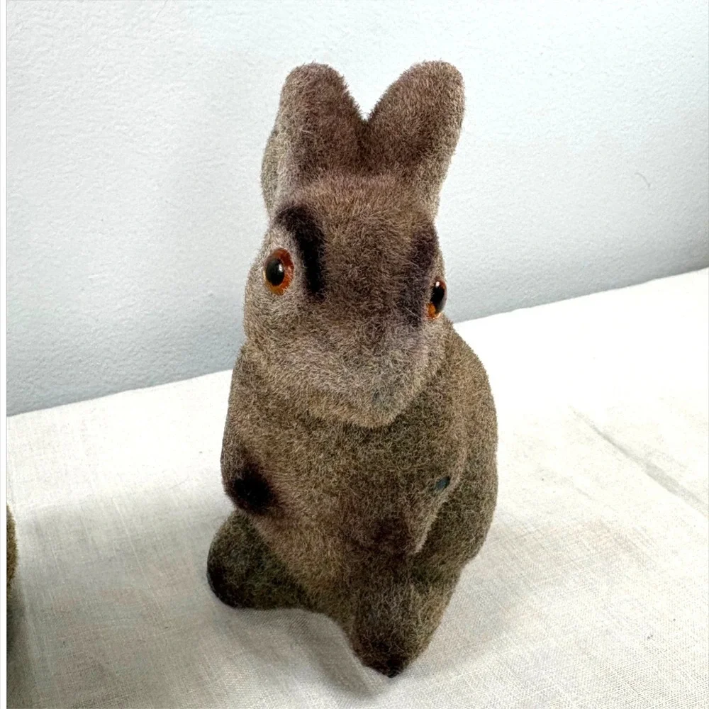Vintage Flocked Brown Bunny Rabbit Figurine Set 2 Piece Easter Woodland Decor